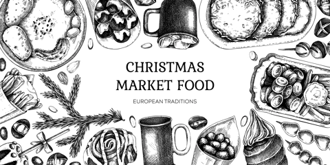 Traditional European Christmas market food background. Fast food menu design. Vintage hand-drawn vector illustration. Pastries, sweets, grilled meat, raclette, hot drinks sketches. Street food frame